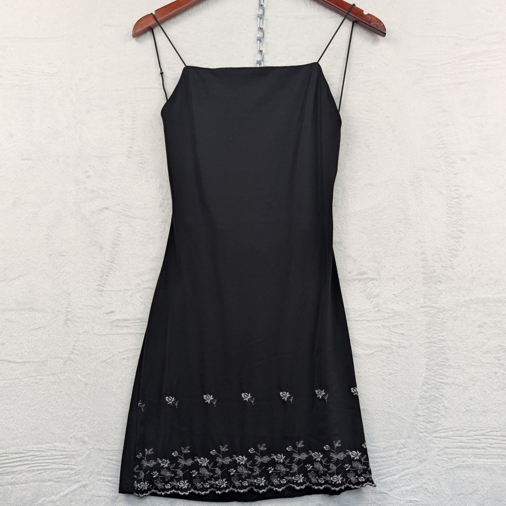 VTG Whimsigoth Dress Womens S Black Mini Floral Embroider Open Back Romantic 90s